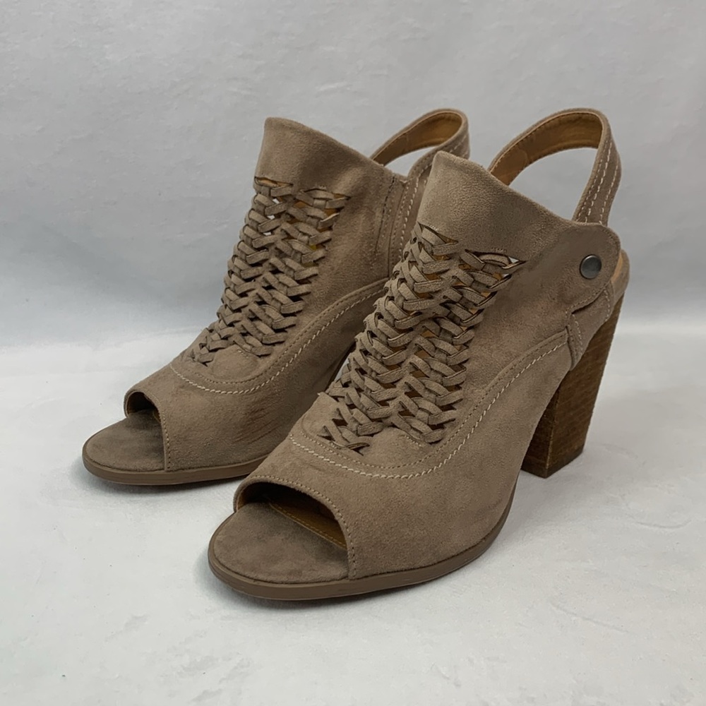 Alter’d State Mio Woven Open Toe Slip-On‎ Sling Back Chunky Heels Taupe Size 8.5 - Picture 2 of 15